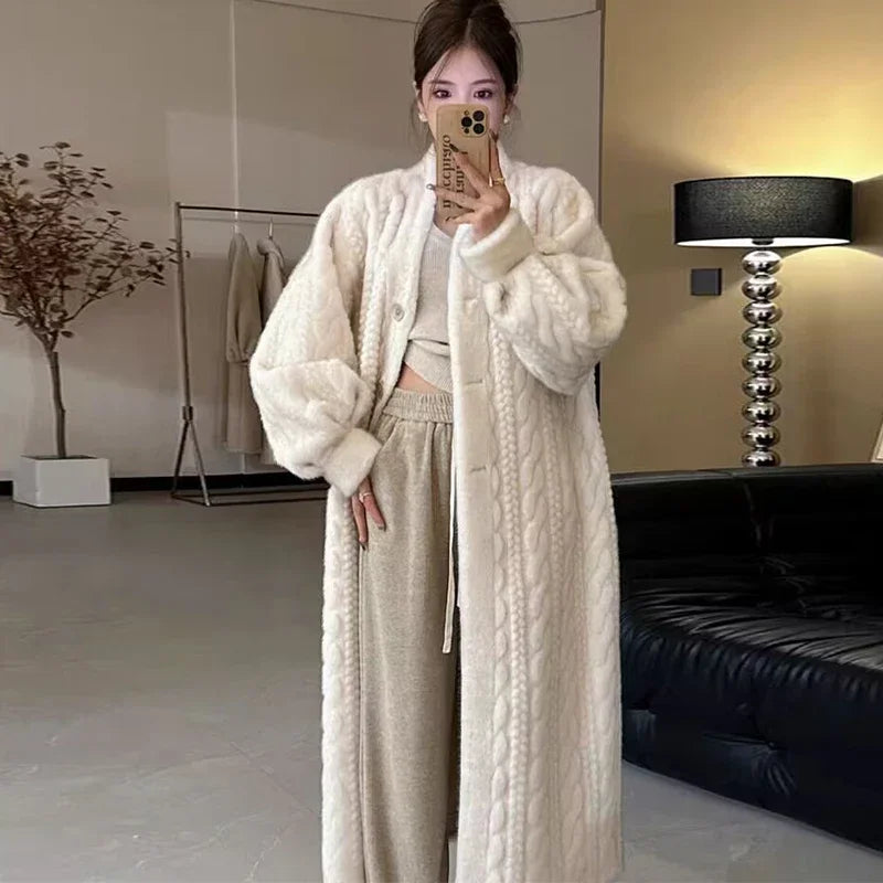 Thicken Knit Loose Coat Women Full Sleeve Single Breasted Fashion Female Cardigan Winter Warm Long Cardigan Chic Lady Outerwear