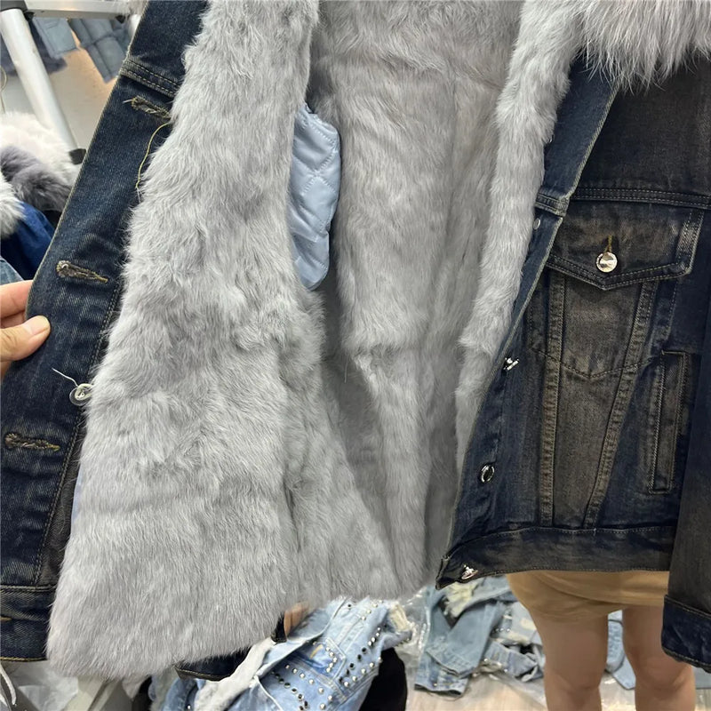 Denim Spliced real fur Coat for Women 2023 Autumn Winter New Thickened Fur Liner Stylish Short Denim Jacket Y4435