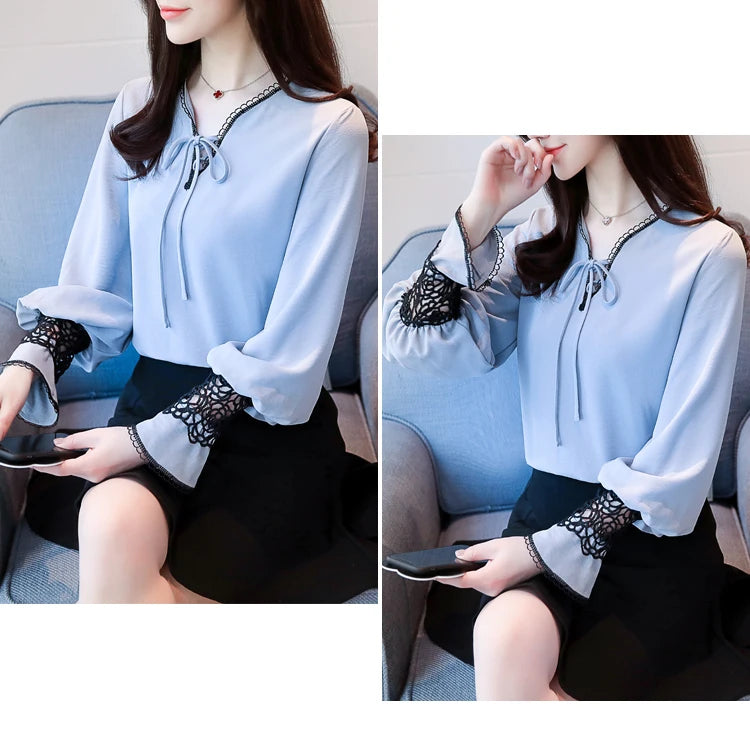 Women's Lantern Sleeve Chiffon Shirt Female Long-sleeved V-neck New Loose Bow Tie Openwork Lace Blouse Top