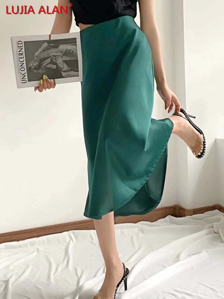 Hot Sale Solid Satin Elastic Waist Women A-Line Skirt Summer Female Slim Falda Midi LUJIA ALAN P1596