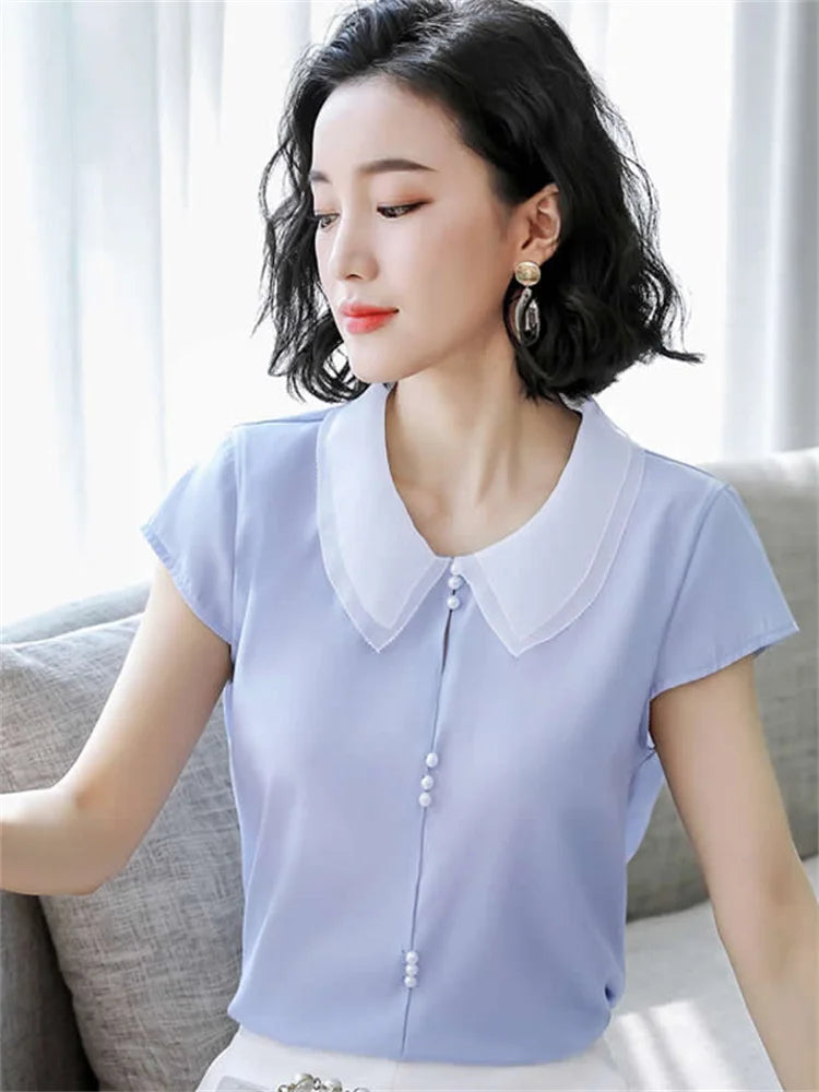 Women Spring Summer Style Blouses Shirts Lady Casual Short Sleeve Peter Pan Collar Blue Pink Blusas Tops DF2707