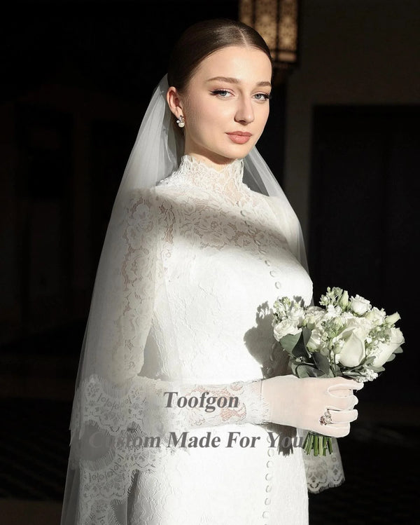 Toofgon All Lace Wedding Dresses A Line Long Sleeve Wedding Gowns High Neck Buttons Formal Bride Dress Women Party Bridal Gowns