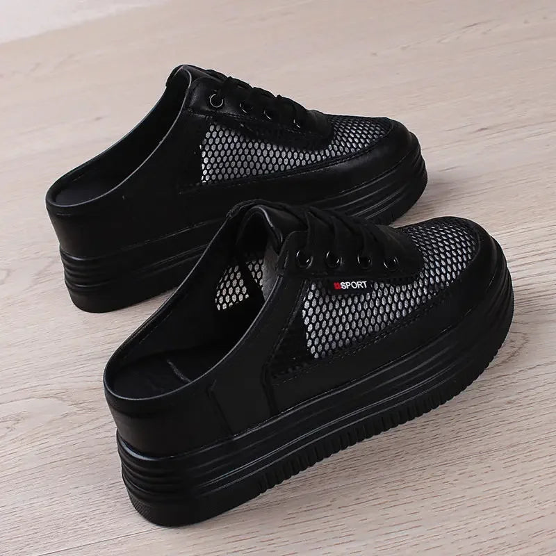 Women's Summer Shoes Platform Sports Mesh White Student Outdoor Casual Breathable Slippers Woman Mules Fashion Wedge Heels Black