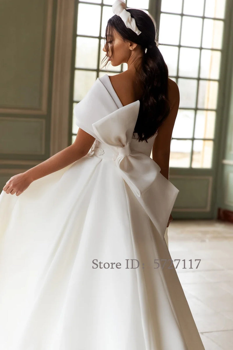 Elegant Appliques One Shoulder Wedding Dresses Split A-Line Bride Gow With Bow Long Train Bride Dress Vestidos
