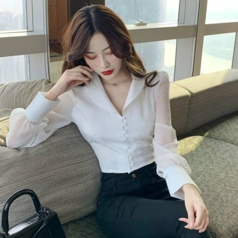 Shirts Women Solid Turn-down Collar Ins Abdomen Cropped Leisure Korean Style Fashionable Ladies Clothes Long Sleeve Stylish Chic