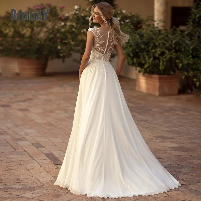 Elegant Boho Lace Wedding Dress 2024 Chiffon O-Neck Illusion Back Beach Side Split Applique Bridal Party Gown Vestidos De Novia