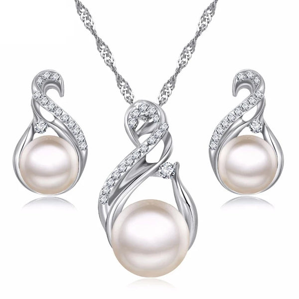 VKME Trendy Jewelry Sets Wedding Silver Color Earrings Simulated Pearl Jewelry Set Women Necklace Set Bijoux collier brincos