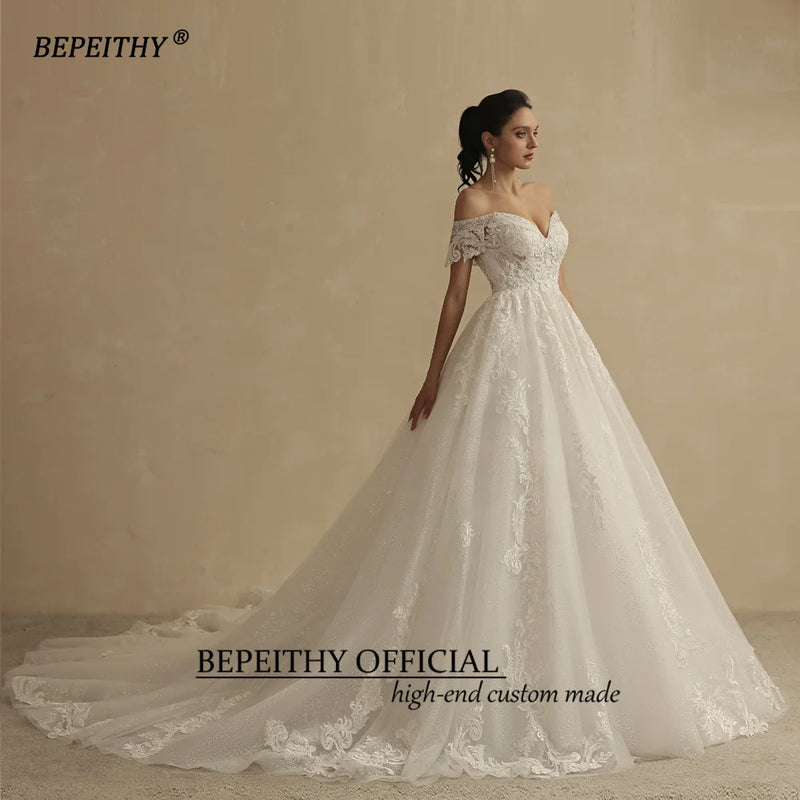 BEPEITHY Princess Glitter Wedding Dresses For Women 2022 Bride Romantic Lace Sleeveless Boho Bridal Gown France Robe De Soiree