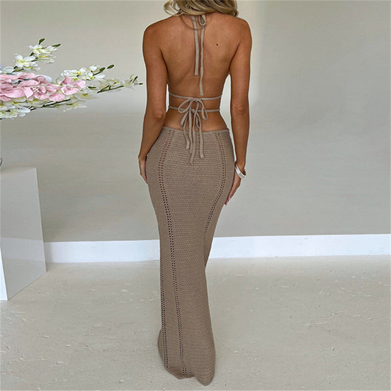 wsevypo Women Halter Tie-up Knit Crochet Beach Dress Sexy Backless Sleeveless Deep V Cutout Waist Wrapped Bodycon Dress Clubwear