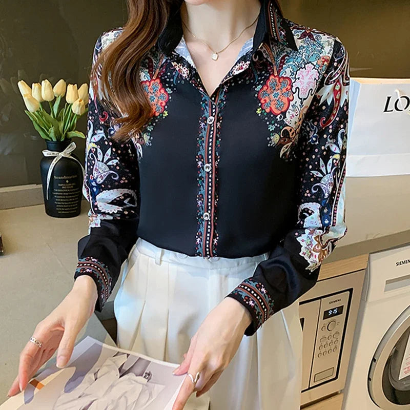 2023 Spring Fashion Floral Print Blouse Women Satin Shirts Ladies Tops Autumn Long Sleeve Silk Shirts Blusa Mujer Clothes 18440