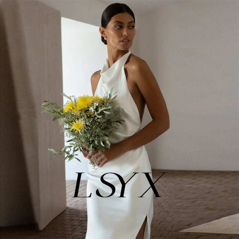 LSYX Halter Sleeveless Simple Mermaid Wedding Dress Satin Open Back High Side Slit Floor Length Bridal Gown Custom Made