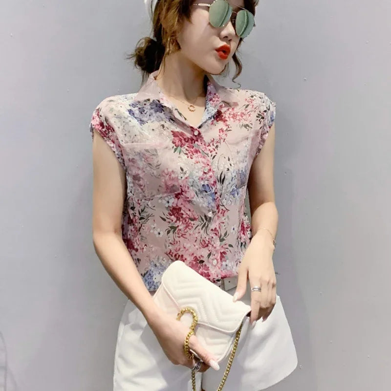 Print Blouse Women Ladies Tops Blusas Mujer Summer Floral Chiffon Women Shirts Casual Sleeveless Female Clothing 10225