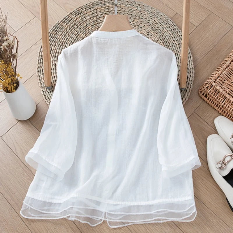 Chinese Style Women's Shirt Cotton Linen Vintage Blouses Loose Embroidery Clothing Short Sleeves Summer Women Tops YCMYUNYAN