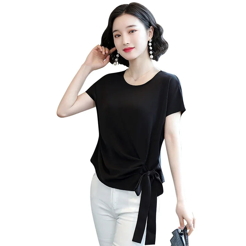 Summer Silk Short-Sleeved Women's Blouse And Tops Office Lady LooseSolid Bow Shirts Women Blusas Mujer De Moda 9899