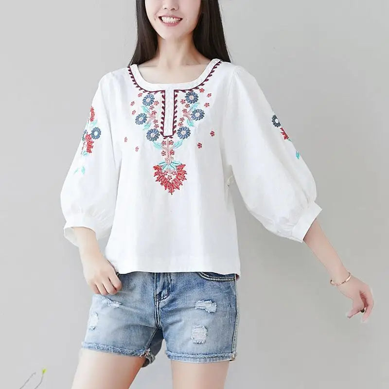 Women Cotton Linen Floral Embroider  Blouses Boho Ethnic Lantern Sleeve Shirts Vintage Retro Hippie Casual Tops Summer Blusa