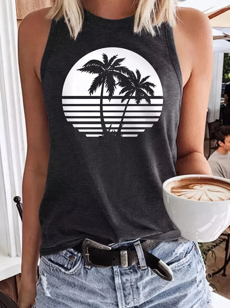 Women's Summer Coconut Tree Print Loose Large Breathable and Comfortable Sleeveless Tank Top T-shirt