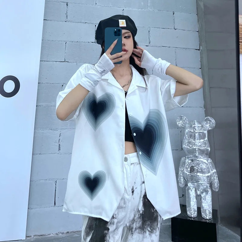 Fashion Women's Short Sleeve Shirts Korean Loose New Summer Fashion Harajuku Heart Pirnted Casual Streetwear Female Blouse Top