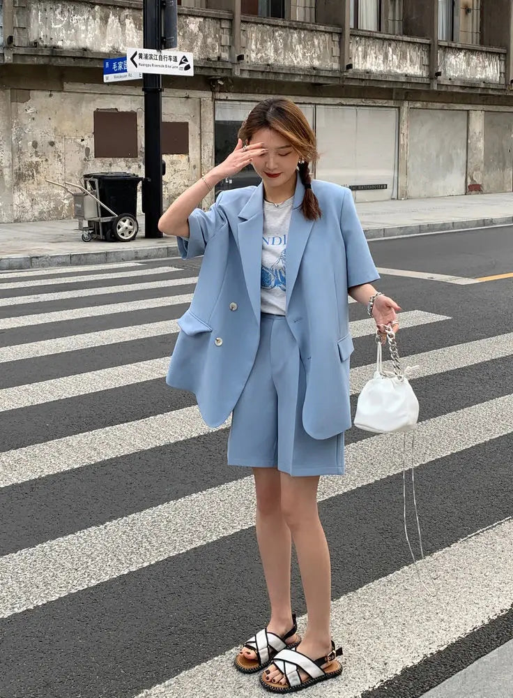 Clothing White 2024 Sleeve Summer Korean Style Blazer and Shorts Suit for Woman Kit Women's Short Pants Sets Complete Two Pieces