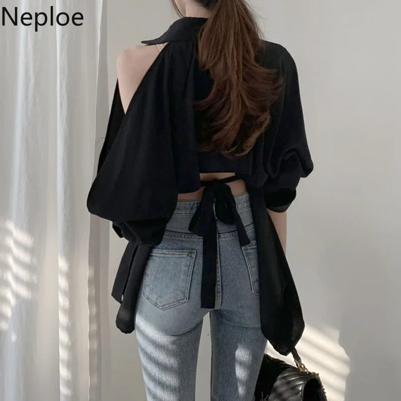 Neploe Women Blouse New Lady Hollow Out Turn Down Collar Fashion Shirts Blusa Off Shoulder Spring Summer 2024 Solid Tops 1A822