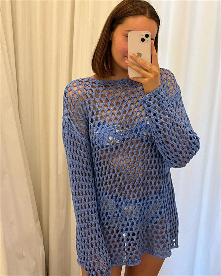 Tossy Knit Hollow Out Cover up Mini Dress For Women See-Through Loose Beach Holiday Clothes Summer Patchwork Knitwear Cover up