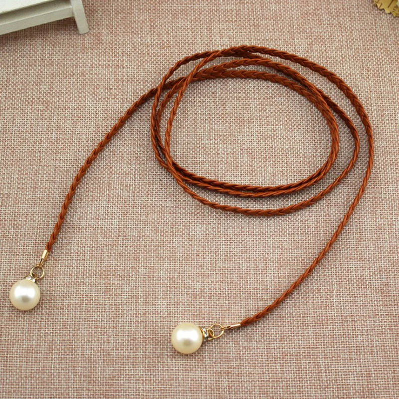 140CM Long Vintage Bohemian Knot Thin Belt Women Elegant Pearl Elastic Braided Waistband Female Summer Seaside Dress Waist Ropes
