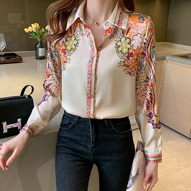 2023 Spring Fashion Floral Print Blouse Women Satin Shirts Ladies Tops Autumn Long Sleeve Silk Shirts Blusa Mujer Clothes 18440