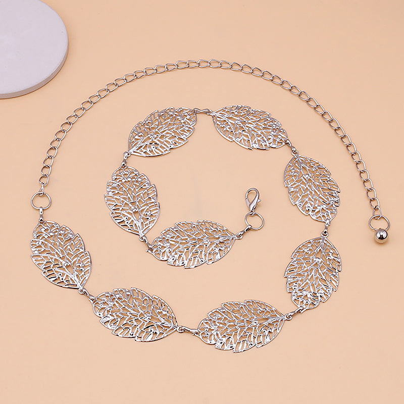 Fashion Simple Openwork Leaf Decorated Chain Belt Thin Waist Chain Ladies Decoration Waistband Dress Metal Jewelry Accessories