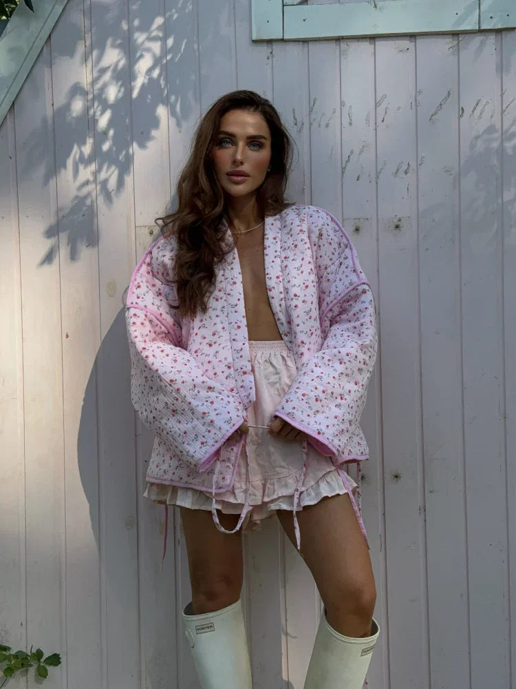 2024 New Pink Floral Cotton Coats Women Fashion V-neck Full Sleeve Lace Up Loose Jacket Autumn And Winte Chic Warm Lady Outwear
