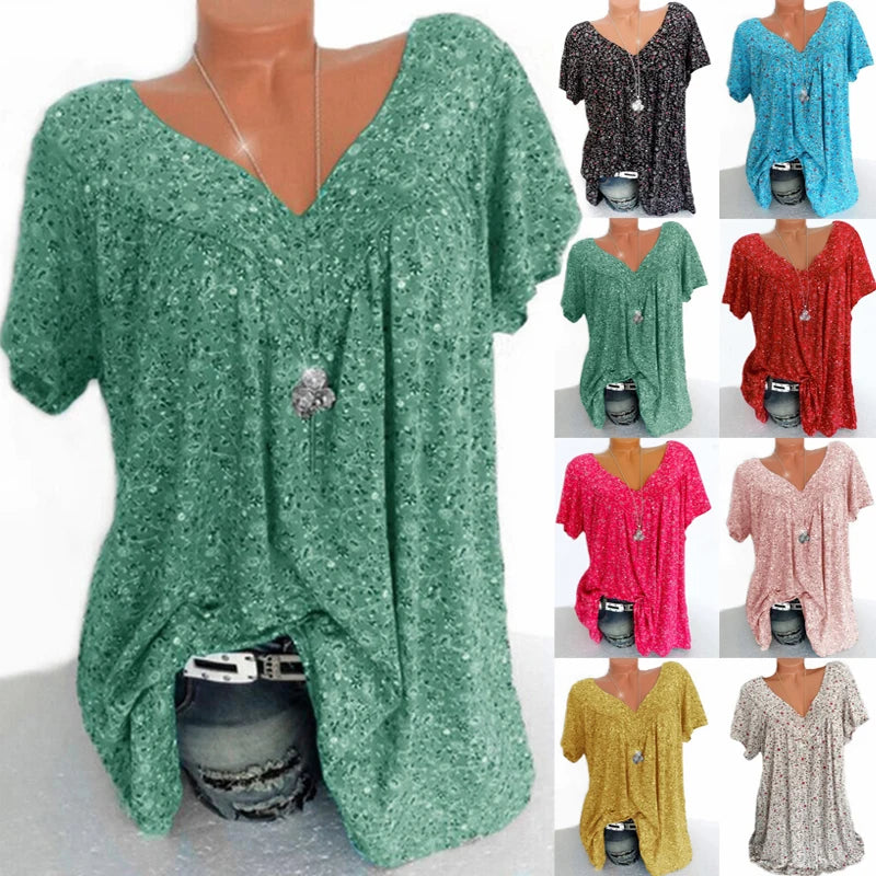 Casual Large Size V-Neck T-Shirt Tops Fashion Women T-Shirt Summer Loose Printed Bottoming Shirt