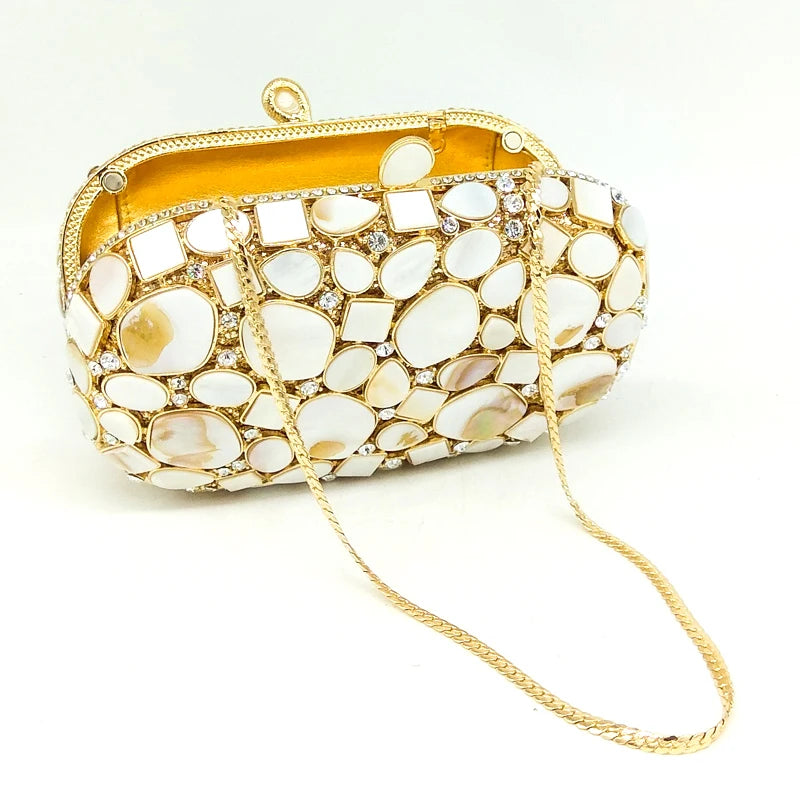 Boutique De FGG Natural Shell Women Luxury Crystal Evening Bags Bridal White Wedding Clutch Bag Party Minaudiere Handbag Purse