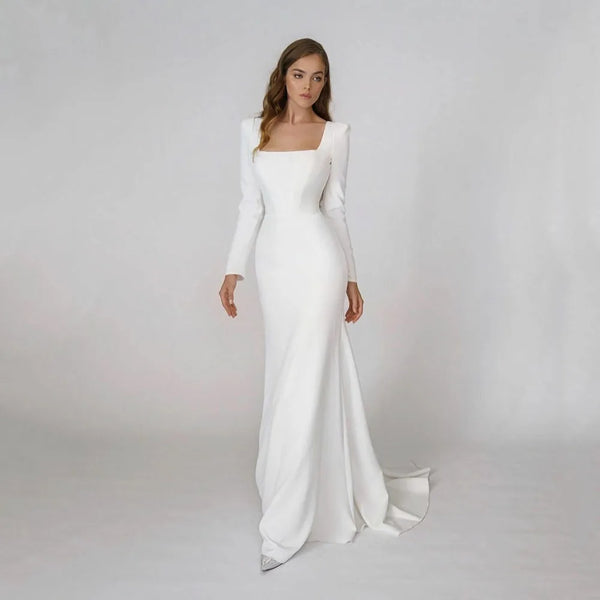 SoDigne Elegant Satin Mermaid Wedding Dress Square Neck Long Sleeves Backless Party Bridal Dress Bride Dress Vestido De Noiva