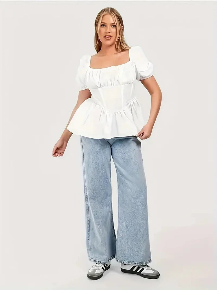 Mugen Solid Color Blouse Casual Short Sleeves Plus Size Shirt Square Neck Ruched Blouse For Summer Women's Clothing White Blouse