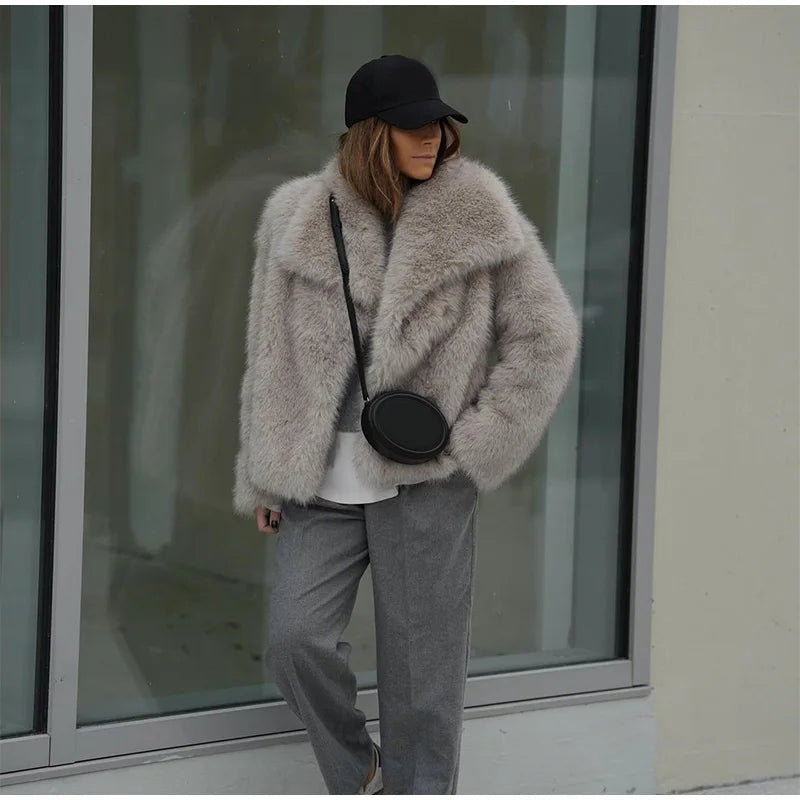 Fashion Lapel Thickened Warm Faux Fur Jacket For Women Autumn Winter Lapel Long Sleeve Coat 2024 New Female High Street Outwears