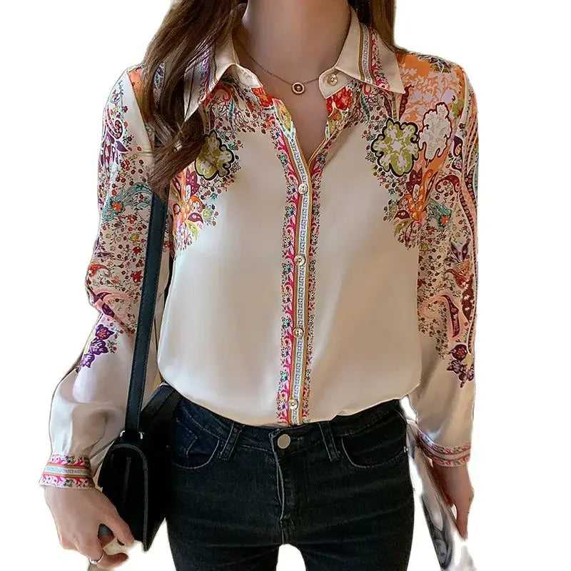 2023 Spring Fashion Floral Print Blouse Women Satin Shirts Ladies Tops Autumn Long Sleeve Silk Shirts Blusa Mujer Clothes 18440