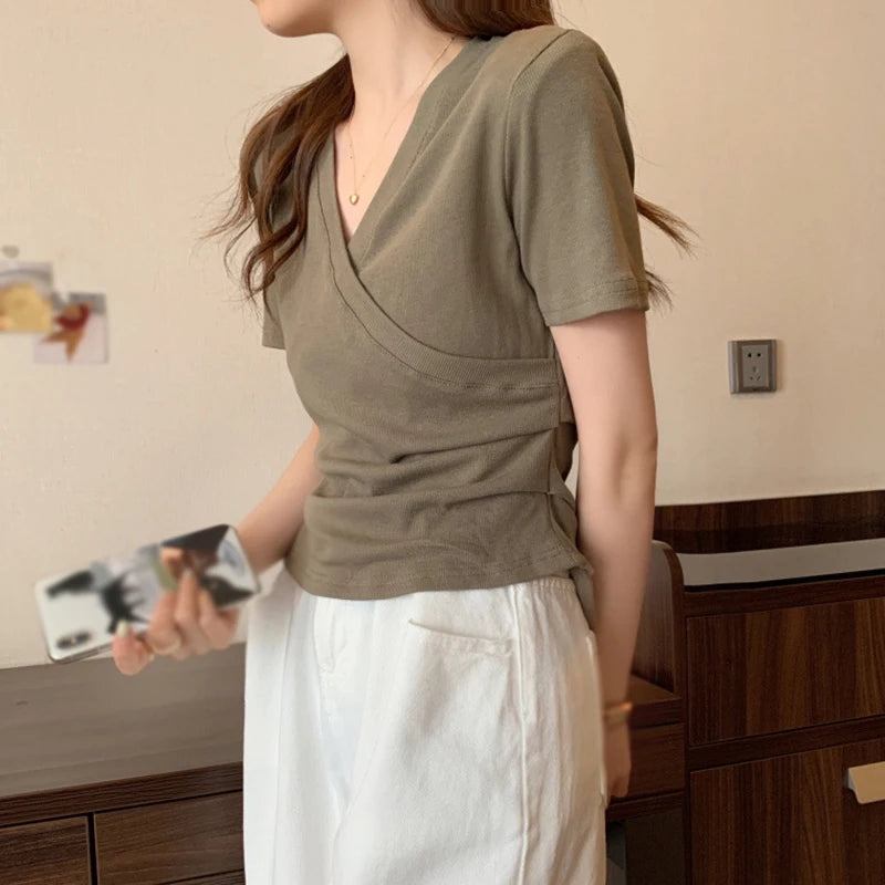 Elegant Cross V neck Slim T-shirt For Women Fashion Solid Slim Short Sleeve Tops Girly Summer Casual Versatile Pullover