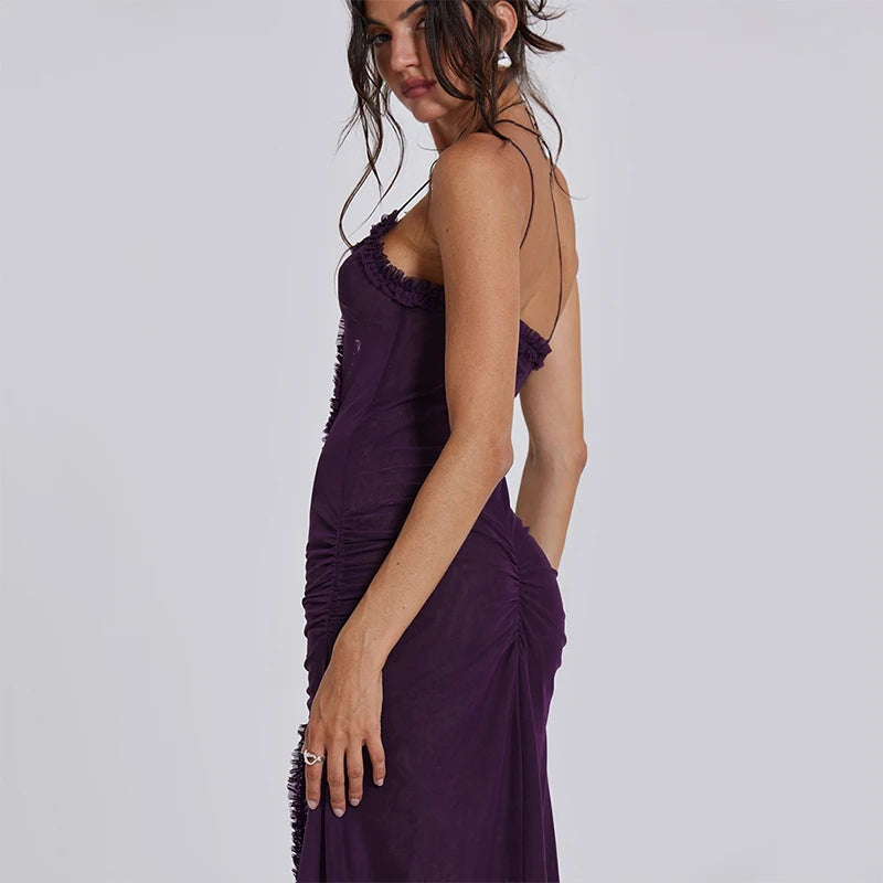 CUTENOVA Women Noble Furry Halter Sleeveless Hollow Dress Camisole Shrunk Split Wave Cut Dress Luxury Prom Occasion Evening Gown