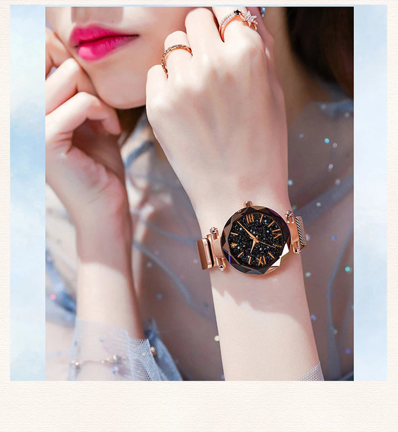 Womens Fashion Starry Sky Watches Magnet Buckle Mesh Belt Diamond Quartz Watch Women Dress Clock