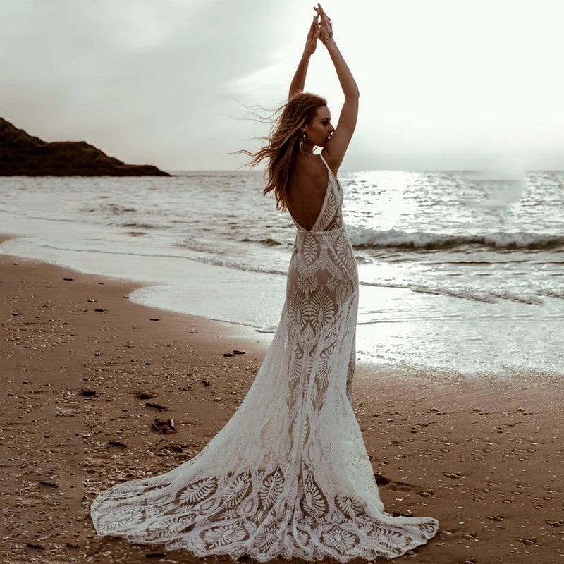 DREAM Sexy Lace V Neck Beach Mermaid Wedding Dresses 2023 Spaghetti Straps Sleeveless Bridal Dresses Backless Vestidos De Novia