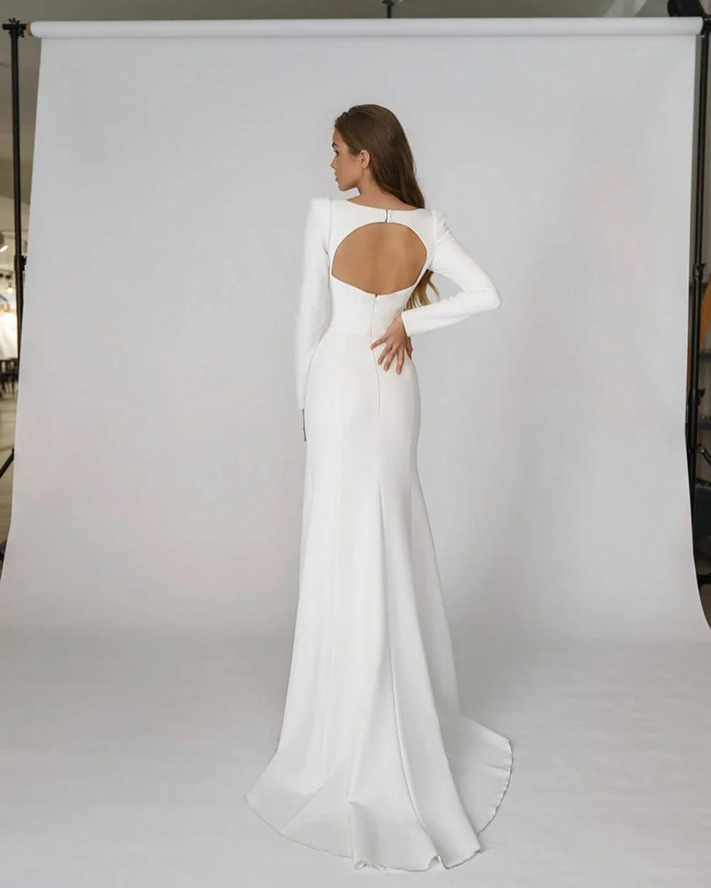 SoDigne Elegant Satin Mermaid Wedding Dress Square Neck Long Sleeves Backless Party Bridal Dress Bride Dress Vestido De Noiva