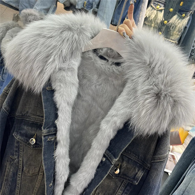 Denim Spliced real fur Coat for Women 2023 Autumn Winter New Thickened Fur Liner Stylish Short Denim Jacket Y4435