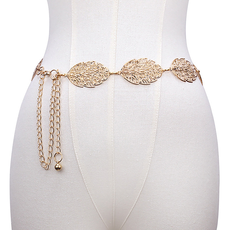 Fashion Simple Openwork Leaf Decorated Chain Belt Thin Waist Chain Ladies Decoration Waistband Dress Metal Jewelry Accessories