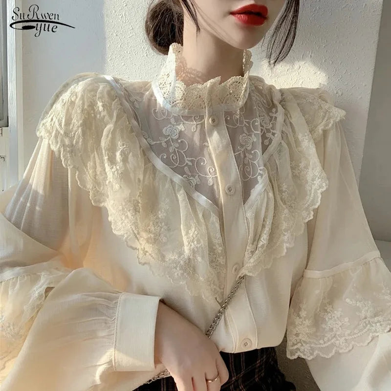 Elegant Ruffled Lace Blouse Women Stand Collar Embroidery White Shirt Woman Long Sleeve Vintage Blouses Lady Tops Blusas 11335