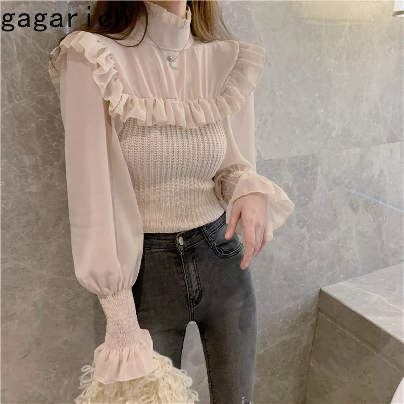 Gagarich Women Sweater Winter Autumn French Sweet Temperament Female Mesh Stitching Frill Design Solid Color Pullovers