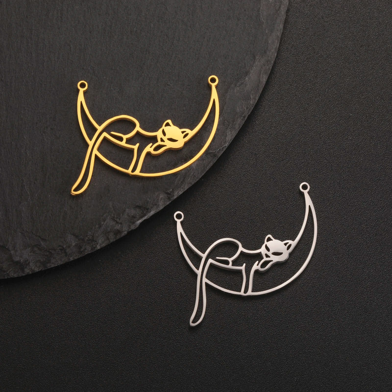 EUEAVAN 5pcs Moon Phase Sun Cat Stainless Steel Pendant Planet Animal Charms Women Necklace Earrings Jewelry Making Supplies DIY