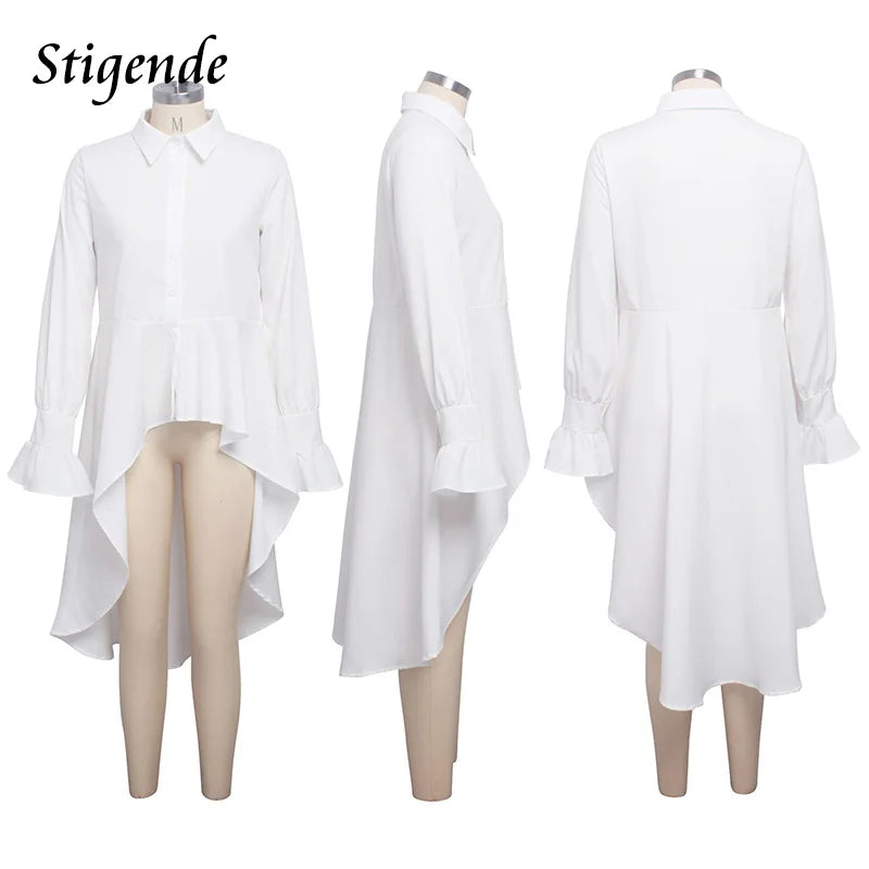 Casual Flare Sleeve Irregular Blouse Shirt Women Sexy Asymmetrical Long Loose Shirt Fashion Single Breasted White High Low Tops