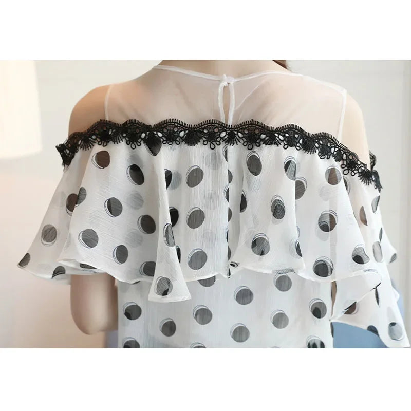 Summer Fashion Shirts Women Elegant Short Sleeve Ladies Tops Sweet Polka Dot Chiffon White Blouse Casual Loose New Blusas 0611