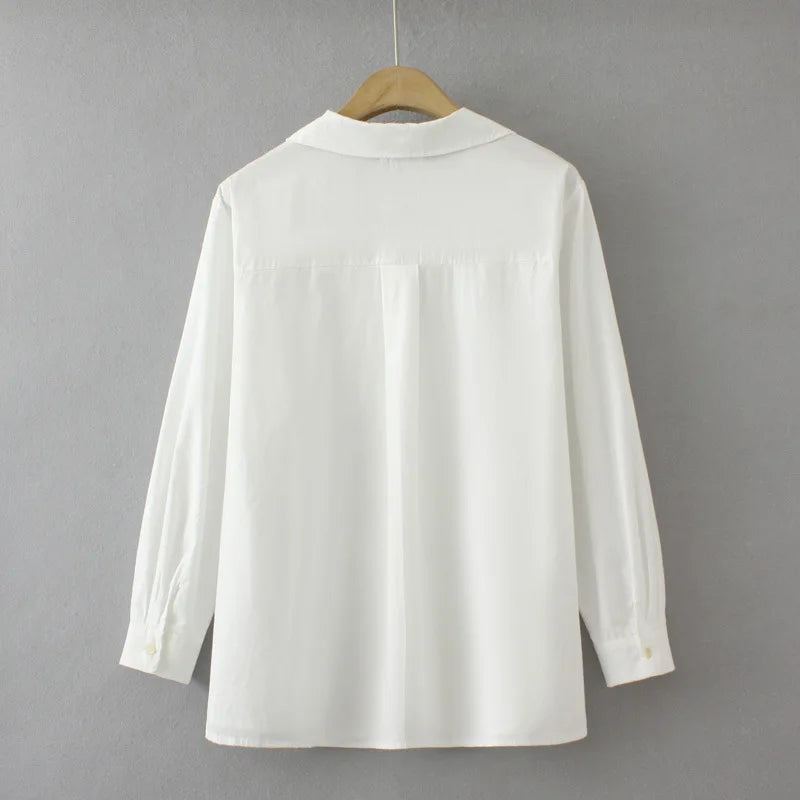 Unique Single Pocket Cotton Shirt Women Plus Size Autumn Winter Casual Clothing Tailored Collar Blouses Long Sleeve White Tops