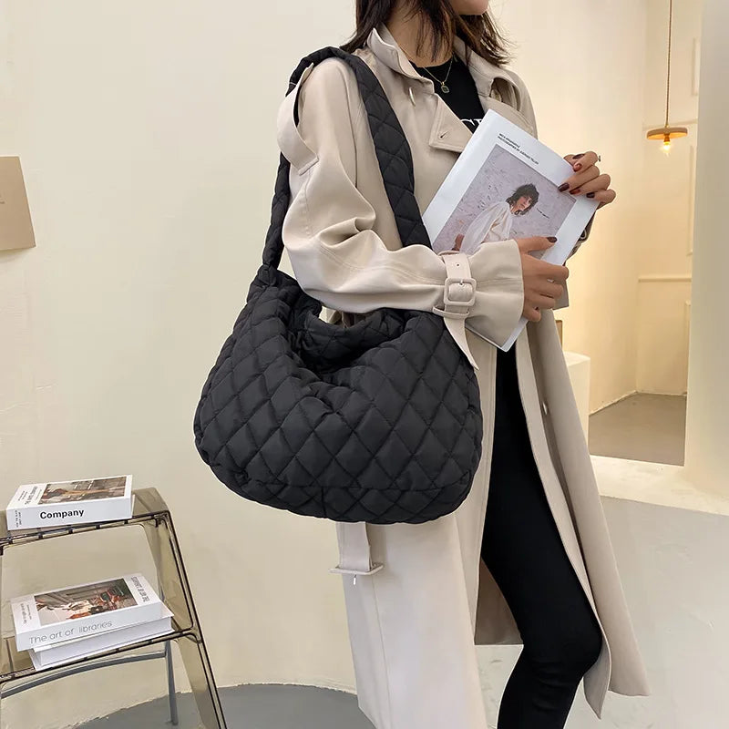 Lattice Pattern Shoulder Bag Space Cotton Handbag Women Large Capacity Tote Bags Feather Padded Ladies Quilted Shopper Bag