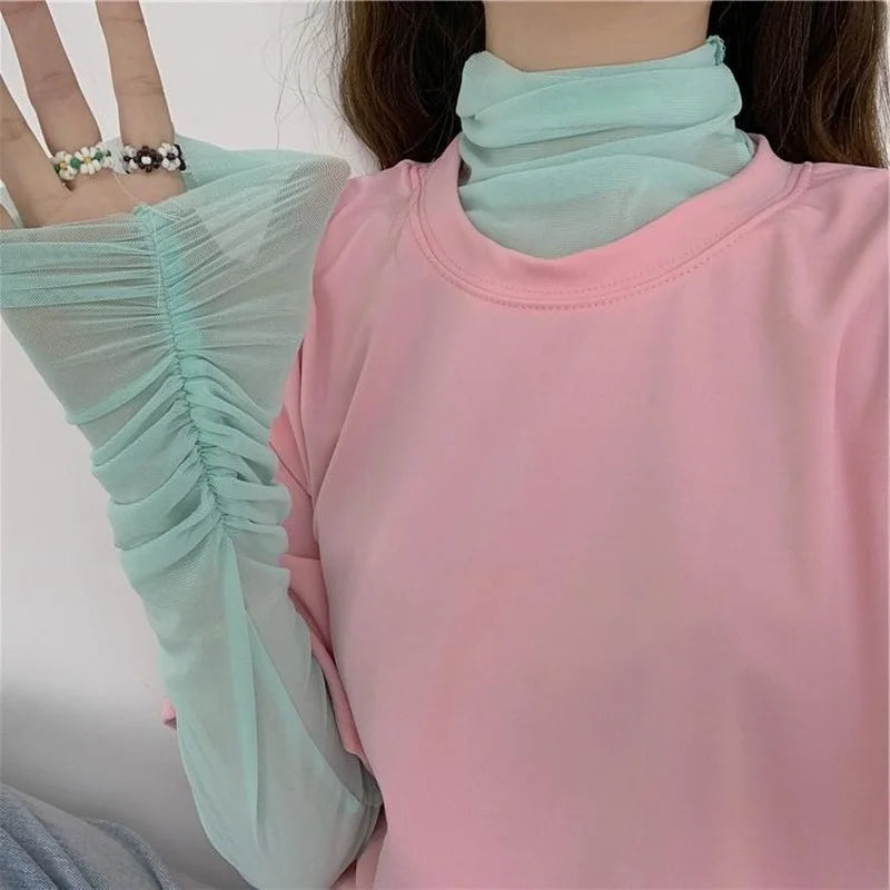 Long Sleeve T-shirts Women Mesh Summer Thin Breathable Turtleneck Sexy T-Shirts Tees Slim Candy Basic Sun-proof Blouse Tops