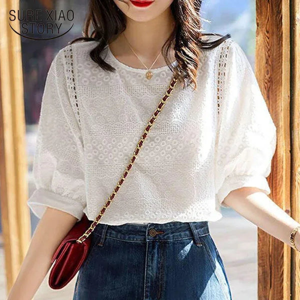 2023 Summer New Korean Fashion Women's Lantern Sleeve Loose Shirts Embroidery Cotton Lace O-neck Casual Blouses Clothes 13440